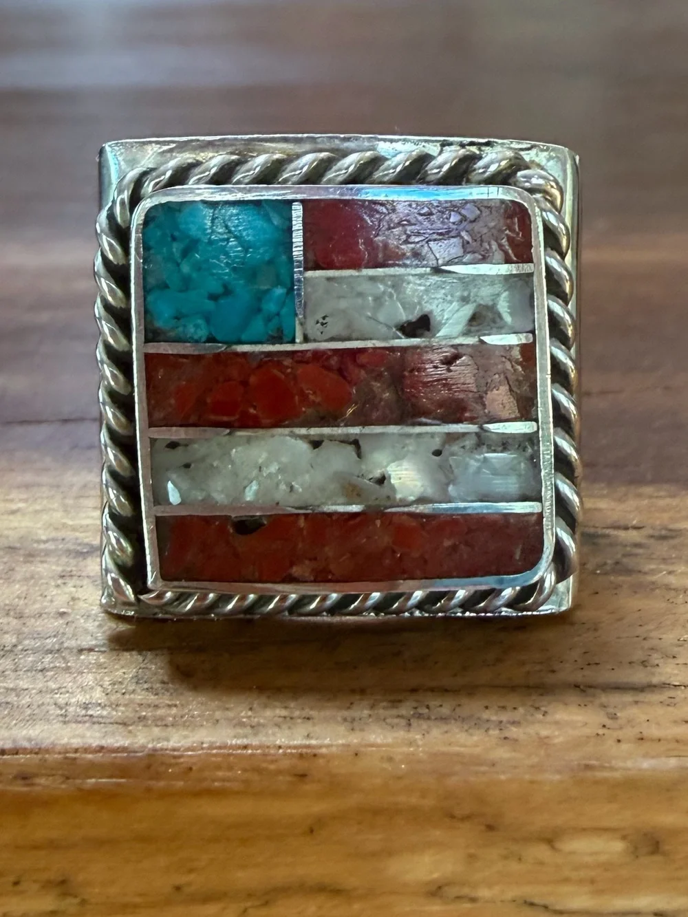 Sterling Inlay American Flag Ring with Turquoise - Picture 2 of 9